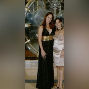 David & Johnny Laura Ryner black satin and gold beaded dress 9/10 Grecian style